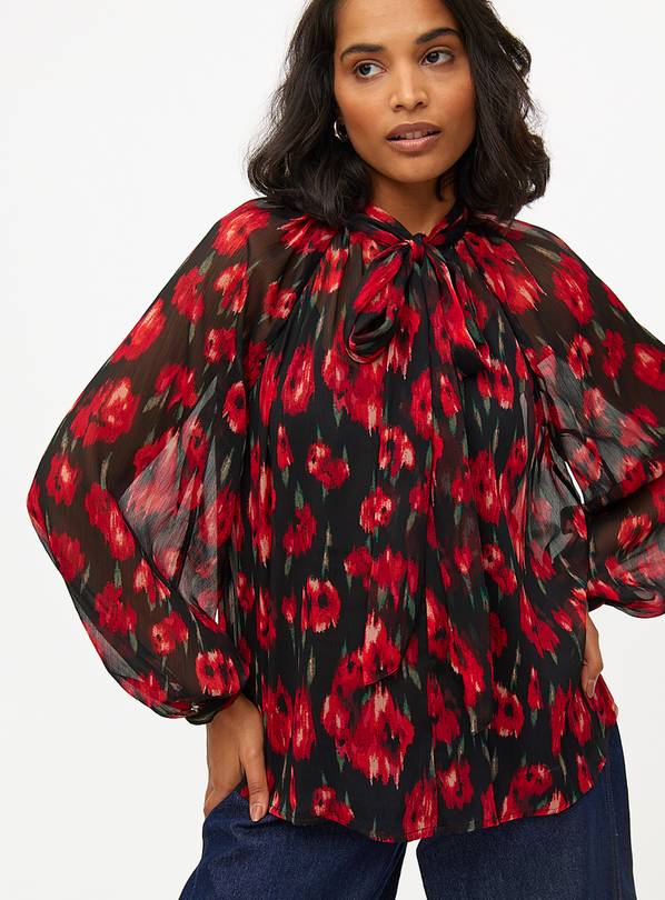 Black Rose Printed Tie-Neck Long Sleeve Blouse 18